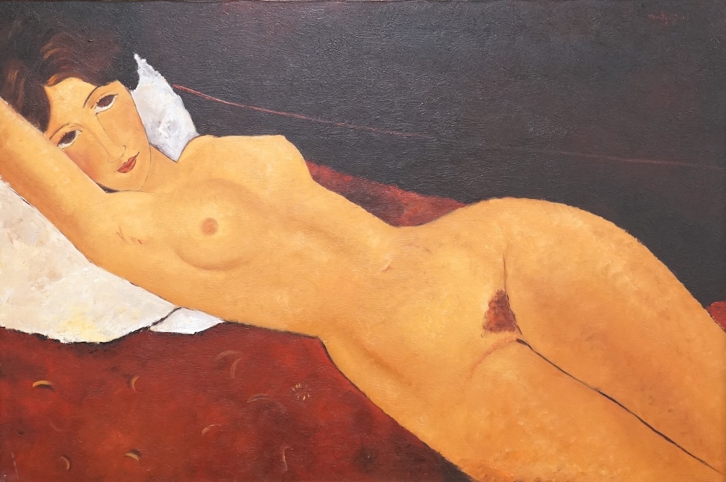 In the manner Amedeo Modigliani (Italian, 1884-1920), oil on canvas, Study of a reclining nude woman, inscription and COA verso, gilt framed, 59 x 90cm